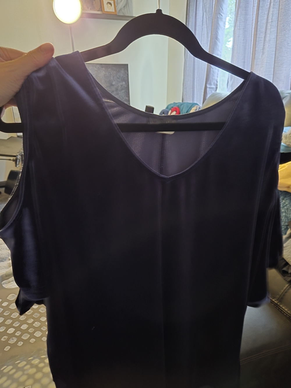 Cold Shoulder V-Neck Velour Womens Top - Deep Navy